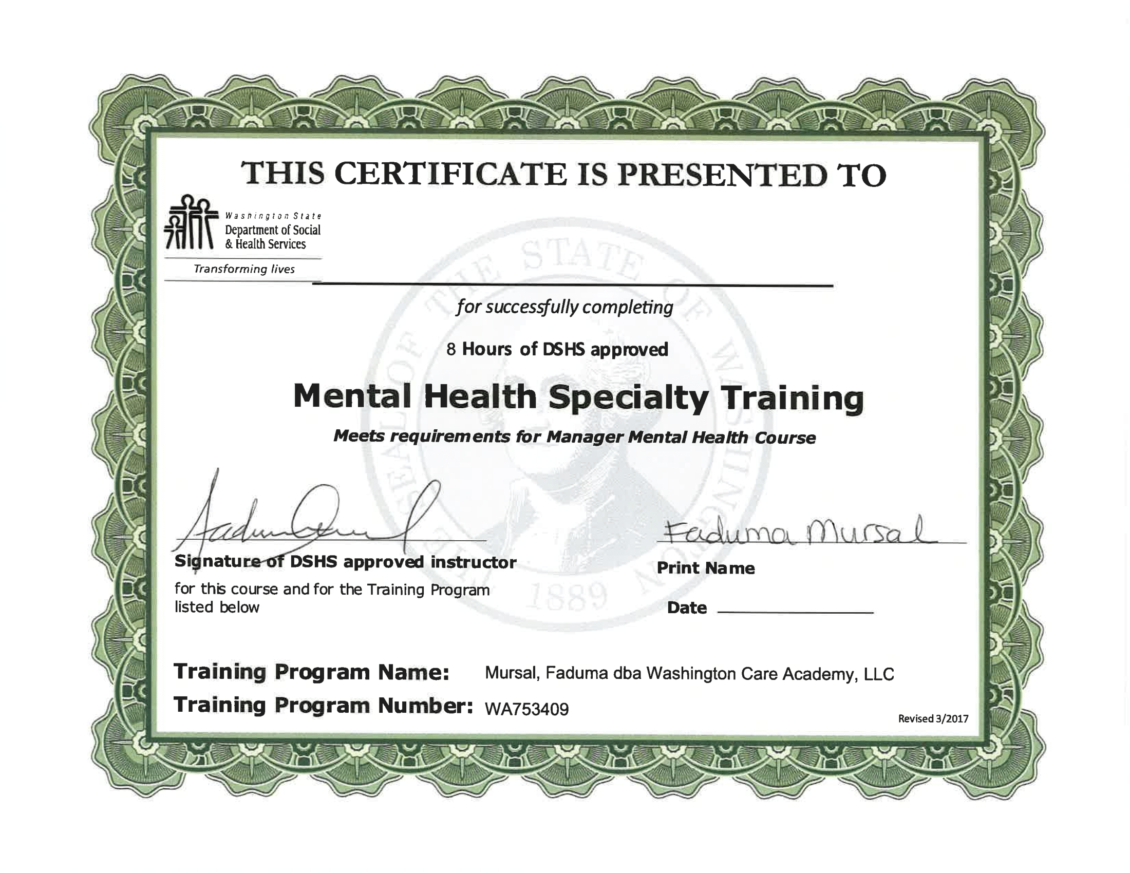 Mental Health Specialty Training Certificate Updated Washington Care 