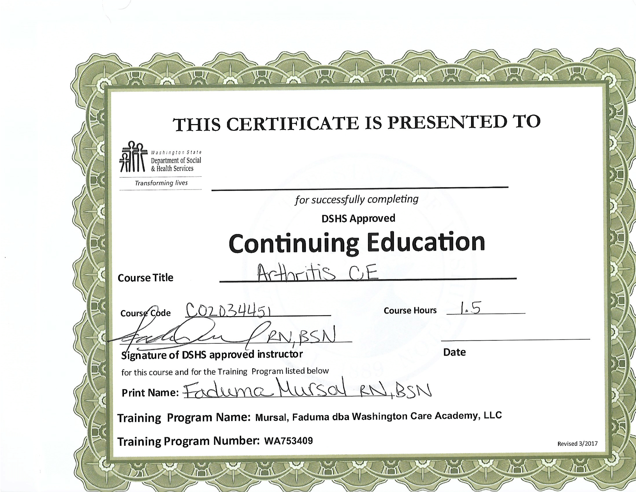 Arthritis Training CE Washington Care Academy